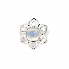Rainbow Moonstone Cab Cushion and Round Shape Total Weight 2.94Carat Ring in 14K White Gold