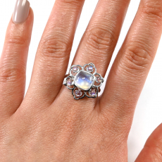 Rainbow Moonstone Cab Cushion and Round Shape Total Weight 2.94Carat Ring in 14K White Gold