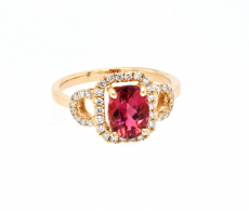 Rubellite Tourmaline Oval 1.37 Carat With Accent Diamonds Halo Engagement Ring In 14K Yellow Gold