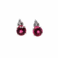 Rubellite Tourmaline Round 0.51 Carat Stud Earring With Diamond Accents In 14k White Gold (ER1492)