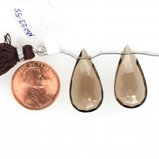 Smoky Quartz Drops Almond Shape 25x13mm Drilled Beads Matching Pair