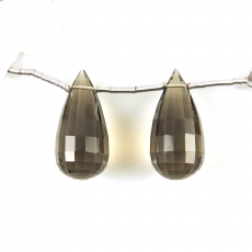 Smoky Quartz Drops Briolette Shape 23x11mm Drilled Beads Matching Pair