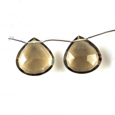 Smoky Quartz Drops Heart Shape 15x15mm Drilled Beads Matching Pair