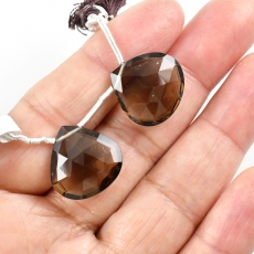 Smoky Quartz Drops Heart Shape 17x17mm Drilled Beads Matching Pair
