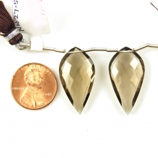 Smoky Quartz Drops Leaf Shape 24x14mm Drilled Beads Matching Pair