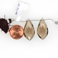 Smoky Quartz Drops Leaf Shape 28x14mm Drilled Beads Matching Pair