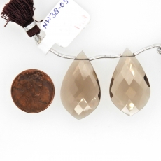 Smoky Quartz Drops Leaf Shape 29x17mm Drilled Beads Matching Pair