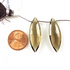 Smoky Quartz Drops Marquise Shape 32X12mm Drilled Beads Matching Pair