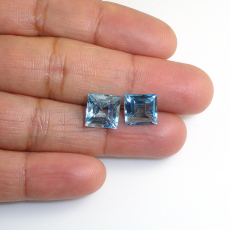Swiss Blue Topaz Square Shape 9mm Matching Pair Approximately 9 Carat.