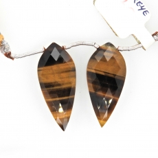 Tiger's Eye Drops Leaf Shape 33x14mm Drilled Beads Matching Pair