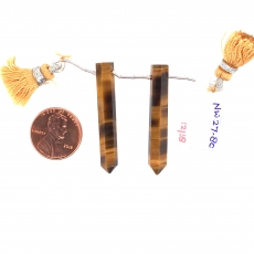 Tiger's eye Drops Pencil Shape 48x5mm Drilled Bead Matching Pair