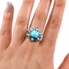 Turquoise Cab Cushion and Round Shape Total Weight 2.12 Carat Ring in 14K White Gold