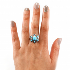 Turquoise Cab Cushion and Round Shape Total Weight 2.12 Carat Ring in 14K White Gold