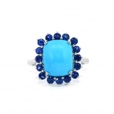 Turquoise Cab Cushion Shape 4.35 Carat Ring In 14K White Gold Accented With Blue Sapphires