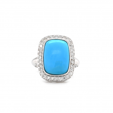 Turquoise Cab Cushion Shape 5.60 Carat Bezel Set Ring With Diamond Accents in 14K White Gold