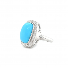 Turquoise Cab Cushion Shape 5.60 Carat Bezel Set Ring With Diamond Accents in 14K White Gold