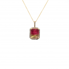 Watermelon Tourmaline Emerald Cut 3.89 Carat Accent Diamond Pendant In 14k Yellow Gold ( Chain Not Included )