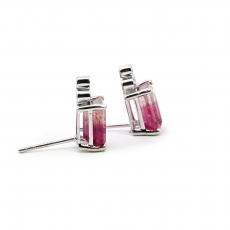Watermelon Tourmaline Emerald Cut 4.04 Carat Stud Earring In 14K White Gold With Accented Diamond