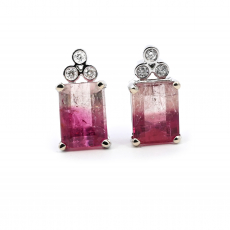 Watermelon Tourmaline Emerald Cut 4.04 Carat Stud Earring In 14K White Gold With Accented Diamond