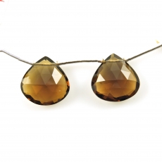 Whisky Quartz Drops Heart Shape 15x15mm Drilled Beads Matching Pair