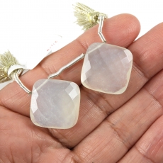 White Moonstone Drops Cushion Shape 18x18mm Drilled Beads Matching Pair