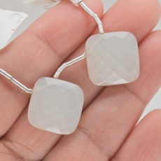 White Moonstone Drops Emerald Cushion Shape 16x16mm Drilled Beads Matching Pair