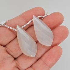 White Moonstone Drops Leaf Shape 34x16mm Drilled Beads Matching Pair