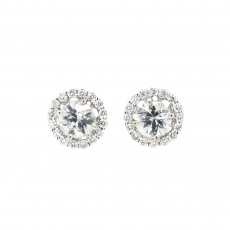 White Zircon Round 1.06 Carat With Diamond Accent Earring Studs in 14K White Gold