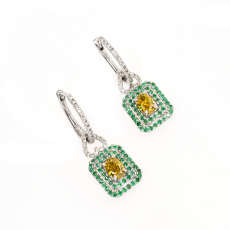 Yellow Diamond Oval 0.71 Carat With Accent Diamond And Emerald Dangle Earrings In 14K White Gold