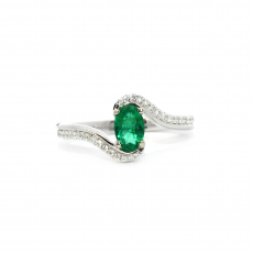 Zambian Emerald Oval 0.44 Carat Ring In 14K White Gold With Accented Diamonds