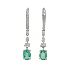 Zambian Emerald Oval 1.15 Carat With Accent Diamonds Dangle Earring In 14k White Gold