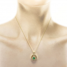 Zambian Emerald Round 0.51 Carat Pendant with Accent Diamonds in 14K Yellow Gold