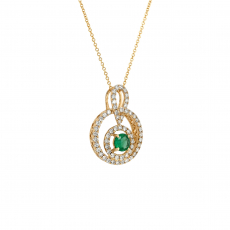 Zambian Emerald Round 0.51 Carat Pendant with Accent Diamonds in 14K Yellow Gold