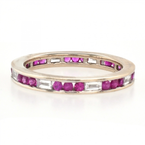 0.49 Carat Burmese Ruby With Baguette  Diamond Channel Set Ring Band In 14k White Gold
