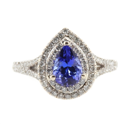 0.87 Carat Tanzanite And Diamond Double Halo Cocktail Ring In 14k White Gold