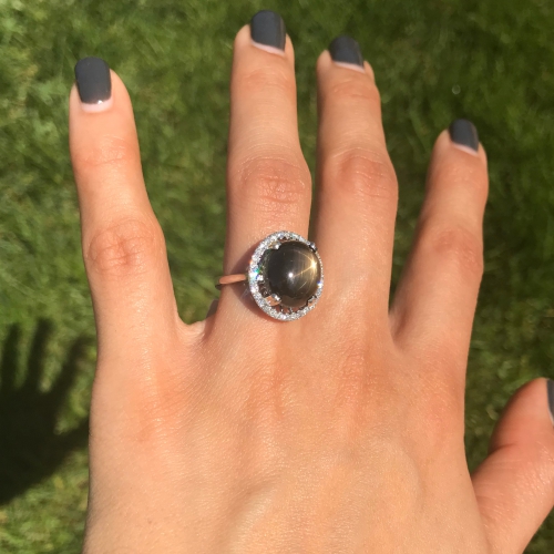 14.31 Carat Star Black Sapphire And Diamond Cocktail Ring In 14k White Gold