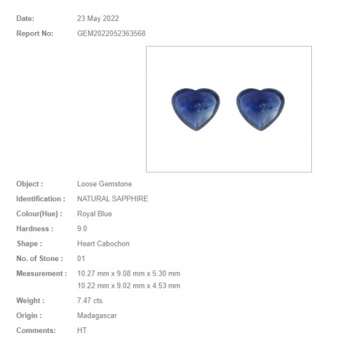 AIG Certified Madagascar Blue Sapphire Buff Top Heart Shape 10.2x9mm Matching Pair 7.47 Carat*