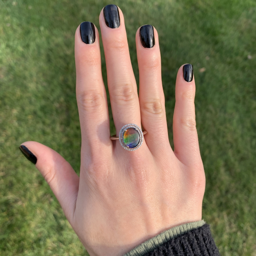 Ammolite Cab Oval 2.74 Carat Ring in 14K White Gold with Accent Diamonds
