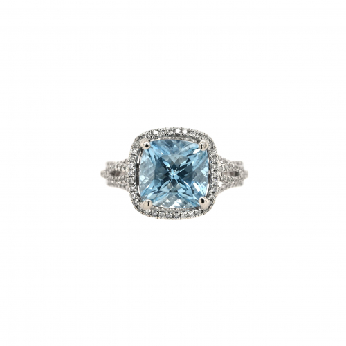 Aquamarine Cushion 3.55 Carat Ring In 14k White Gold With Accent Diamonds