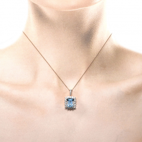 Aquamarine Emerald Cut 2.74 Carat Pendant in 14K Rose Gold with Accent Diamonds