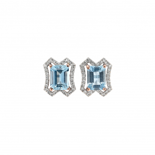 Aquamarine Emerald Cut 2.85 Carat Earrings In 14k Dual Tone (white/rose) Gold With Accent Diamonds