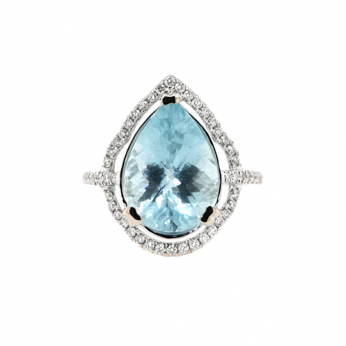 Aquamarine Pear Shape 5.56 Carat Ring With Accent Diamonds In 14k White Gold