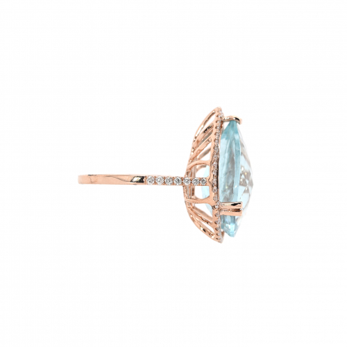 Aquamarine Pear Shape 8.58 Carat Ring With Accent Diamonds In 14k Rose Gold