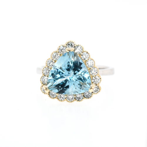 Aquamarine Trillion Shape 3.04 Carat Ring With Accent Diamonds In 14k Dual Tone (yellow/white) Gold