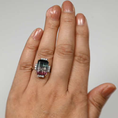 Bi Color Tourmaline Emerald Cut 8.53 Carat Ring In 14K Dual Tone(White/Yellow)Gold Accented With Diamonds