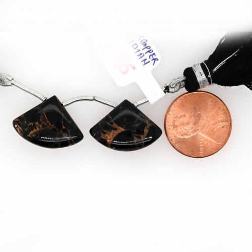 Black Copper Obsidian Drop Fan Shape 15x20mm Drilled Bead Matching Pair