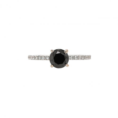 Black Diamond Round 1.29 Carat With Diamond Accent Ring In 14k White Gold