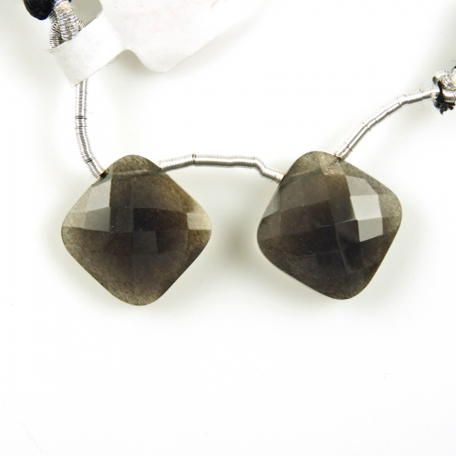 Black Moonstone Drops Cushion Shape 15x15mm Drilled Beads Matching Pair