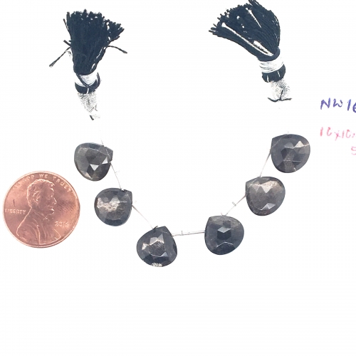 Black Moonstone Drops Heart Shape 10mm Drilled Beads 6 Pieces