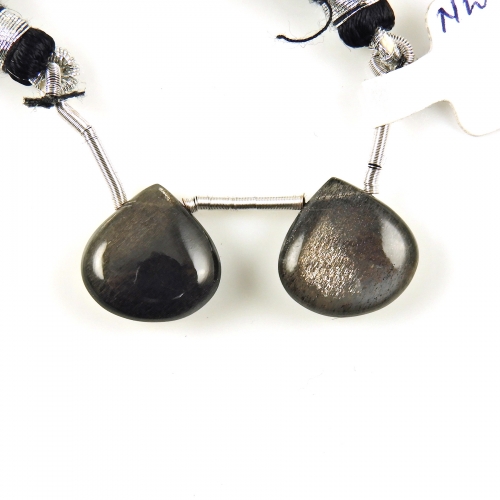 Black Moonstone Drops Heart Shape 14x14mm Drilled Beads Matching Pair